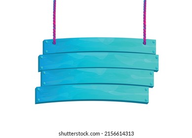 Vector Neon Wooden Sign Board Hanging on Ropes Wood Frame Banner, UI Game Cartoon Menu Panel. Information empty pointer object, GUI exotic announcement boulder Isolated on White Wooden sign Template
