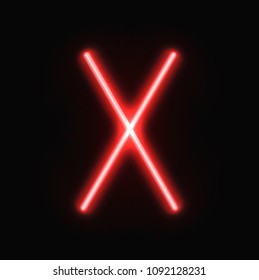 Vector Neon X Cross, Red Fluorescent Sign Shining on Dark Background.
