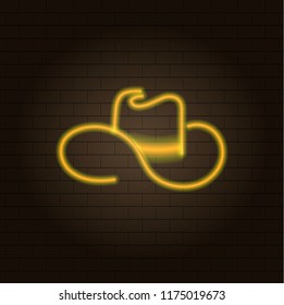 Vector Neon Yellow Hat, Cowboy Hat, Western Illustration, Logo Shining on Dark Brick Wall Background.