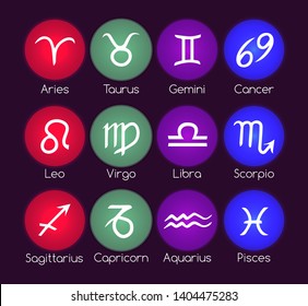 Vector neon Zodiac round icons set. Bright colorful signs glowing on dark background