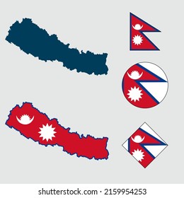Vector of Nepal country outline silhouette with flag set isolated on white background. Collection of Nepal flag icons with square, circle, rectangle and map shapes.