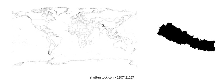 Vector Nepal map showing country location on world map and solid map for Nepal on white background. File is suitable for digital editing and prints of all sizes.