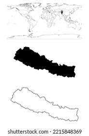 Vector Nepal map, map of Nepal showing country location on world with solid and outline maps for Nepal on white background. File is suitable for digital editing and prints of all sizes.