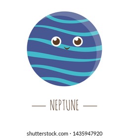 Vector Neptune illustration for children. Bright and cute flat picture of smiling planet isolated on white background. Space concept