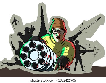 Vector Nerdy Guy In Broken Glasses Holding The Machine Gun With Low-budget Action Movie Characters At The Background