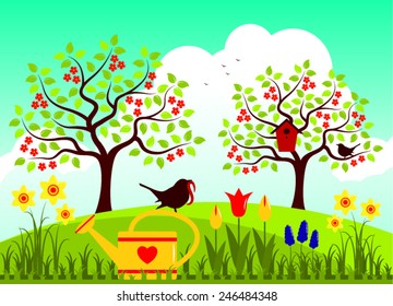 vector nesting bird box and couple of birds in spring garden