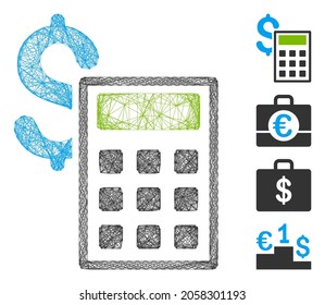 Contabilidad de red de vectores. Red plana de marco lineal geométrica generada con icono contable, diseñada con líneas cruzadas. Se añaden algunos iconos adicionales.