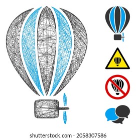 Vector net aerostat balloon. Geometric linear carcass flat net generated with aerostat balloon icon, designed with crossed lines. Some bonus icons are added.