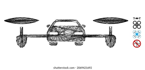 Vector net air car. Geometric wire carcass 2D net made from air car icon, designed from intersected lines. Some bonus icons are added.