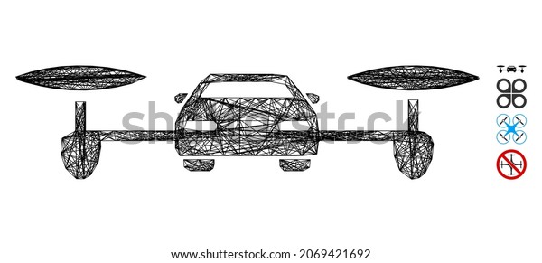 Vector net air car. Geometric wire carcass 2D net\
made from air car icon, designed from intersected lines. Some bonus\
icons are added.
