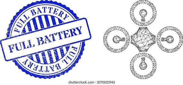 Vector net airdrone model, and Full Battery blue round textured stamp. Crossed carcass network image created from airdrone pictogram, created from intersected lines.