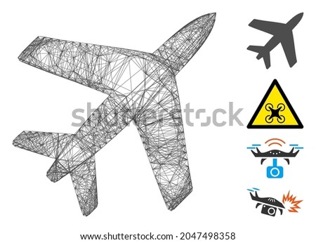 Vector net airplane. Geometric hatched carcass flat net made from airplane icon, designed from intersected lines. Some similar icons are added.