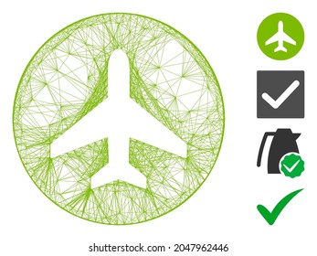 Vector net airplane OK. Geometric hatched carcass flat net made from airplane OK icon, designed from crossed lines. Some bonus icons are added.