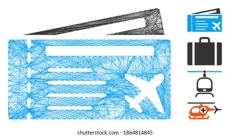 Vector net airtickets. Geometric wire carcass 2D net generated with airtickets icon, designed from intersected lines. Some bonus icons are added.