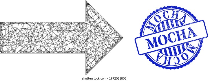 Vector net arrow wireframe, and Mocha blue rosette scratched stamp seal. Linear carcass net illustration based on arrow icon, created from crossed lines.