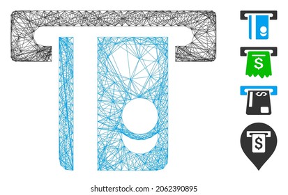 Vector net automated banking service. Geometric hatched carcass flat net made from automated banking service icon, designed from crossed lines. Some bonus icons are added.