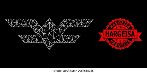 Vector net aviation symbol picture with Hargeisa rubber seal imitation on a black background. Red stamp seal includes Hargeisa tag inside ribbon. Mesh is created from aviation symbol picture,