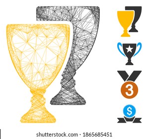 Galardones de red de vectores. Red 2D de marco lineal geométrico, realizada a partir del icono de copas de premio, diseñada a partir de líneas cruzadas. Se añaden algunos iconos adicionales.