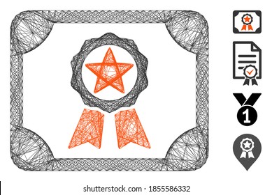 Vector net award diploma. Geometric linear frame flat net made from award diploma icon, designed from intersected lines. Some bonus icons are added.