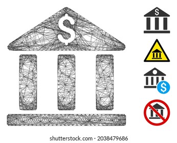 Vector net bank building. Geometric wire carcass 2D net generated with bank building icon, designed with intersected lines. Some bonus icons are added.