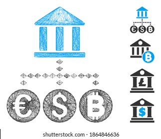 Moneda bancaria neta de vectores. Red 2D de canal con eclosión geométrica hecha a partir de un icono de moneda bancaria, diseñada a partir de líneas cruzadas. Se añaden algunos iconos adicionales.