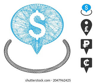 Vektor-Netzbank-Position. Geometrisches, geschlüftetes Flachnetz aus dem Symbol für die Position der Bank, das aus gekreuzten Linien entworfen wurde. Es werden einige Bonussymbole hinzugefügt.