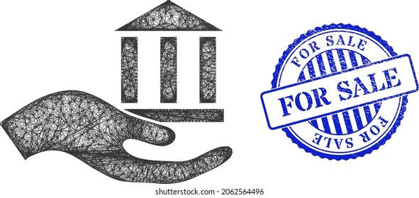 Vector net Bank bieten Handmodell, und For Sale blauen Rosette unlean Stempel Siegel. Das Symbol des Drahtgitters, das aus dem Piktogramm des Bankangebots erstellt wurde, wird aus Überkreuzungslinien hergestellt.