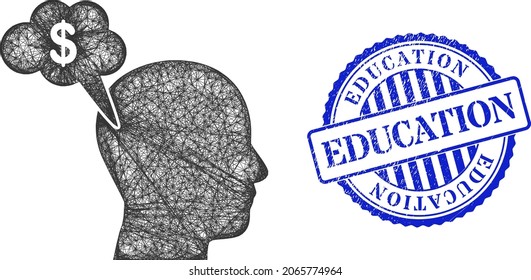 Vector net banking thinking wireframe, and Education blue rosette unclean stamp. Crossed carcass net illustration created from banking thinking icon, is made from crossed lines.
