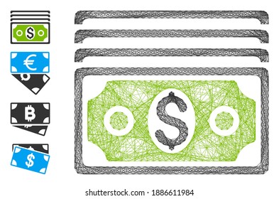 Vector net banknotes. Geometric linear frame 2D net made from banknotes icon, designed from crossed lines. Some bonus icons are added.