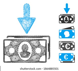 Vector net banknotes income. Geometric wire carcass 2D net generated with banknotes income icon, designed with intersected lines. Some bonus icons are added.