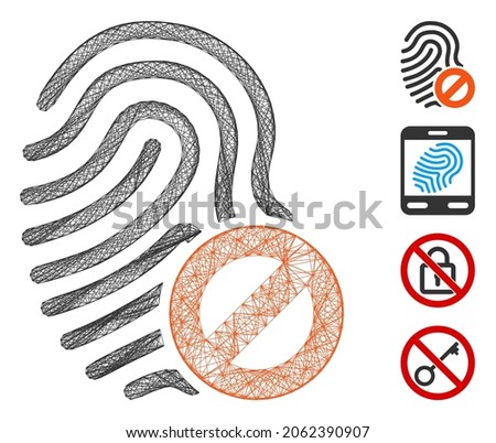 Vector net banned fingerprint. Geometric wire carcass 2D net made from banned fingerprint icon, designed from intersected lines. Some bonus icons are added.