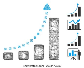 Vector net bar chart trend. Geometric hatched frame 2D net generated with bar chart trend icon, designed with crossed lines. Some bonus icons are added.