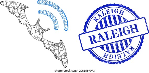 Vector net bat ultrasound model, and Raleigh blue rosette scratched stamp. Hatched carcass net symbol created from bat ultrasound pictogram, created from intersected lines.