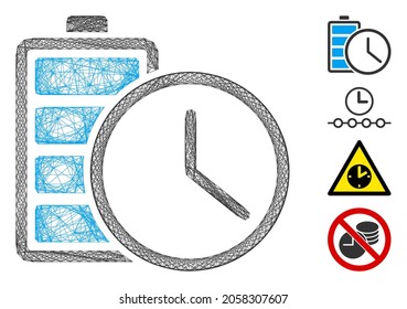 Vector net battery time. Geometric linear frame flat net generated with battery time icon, designed with intersected lines. Some bonus icons are added.
