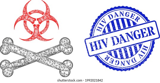 Vector net biohazard bones wireframe, and HIV Danger blue rosette grunge stamp. Crossed frame net image created from biohazard bones pictogram, is made from crossed lines.
