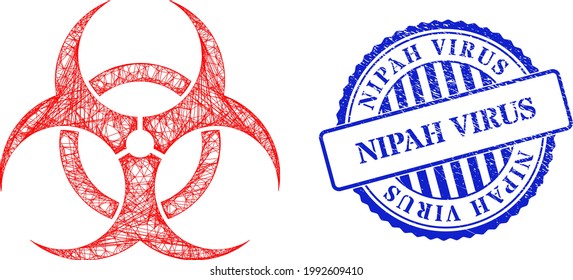Vector net biohazard model, and Nipah Virus blue rosette dirty seal print. Hatched carcass net image created from biohazard pictogram, created from intersected lines.