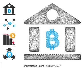 Vector net Bitcoin bank building. Geometric hatched carcass flat net made from Bitcoin bank building icon, designed from crossing lines. Some bonus icons are added.