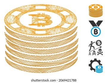 Vector net Bitcoin Casino chips. Red 2D de marco lineal geométrica hecha a partir del icono de fichas de casino Bitcoin, diseñado con líneas cruzadas. Se añaden algunos iconos adicionales.