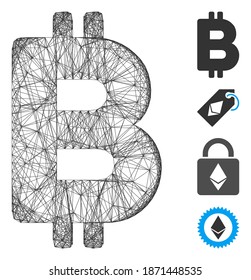 Vector net Bitcoin. Geometric linear frame 2D net generated with Bitcoin icon, designed with crossing lines. Some bonus icons are added.