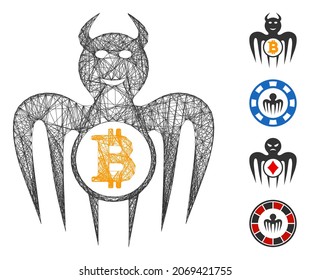 Vector net Bitcoin happy spectre devil. Geometric hatched frame flat net made from Bitcoin happy spectre devil icon, designed from crossing lines. Some bonus icons are added.