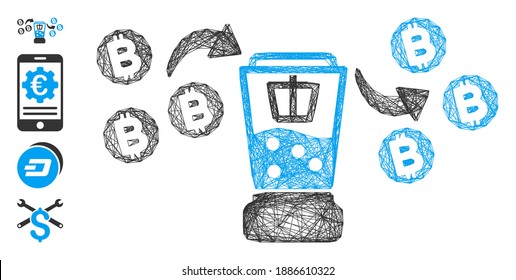 Vector net Bitcoin mixing service. Geometric wire carcass flat net generated with Bitcoin mixing service icon, designed with crossed lines. Some bonus icons are added.