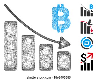 Vector net Bitcoin recession bar chart. Geometric hatched frame 2D net made from Bitcoin recession bar chart icon, designed from crossed lines. Some bonus icons are added.