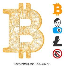 Vector net Bitcoin symbol. Geometric wire carcass flat net made from Bitcoin symbol icon, designed from crossing lines. Some other icons are added.