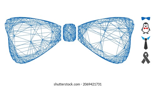 Vector net bow tie. Geometric wire frame 2D net generated with bow tie icon, designed with intersected lines. Some bonus icons are added.