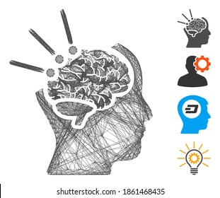 Vector net brain operation. Geometric wire carcass 2D net generated with brain operation icon, designed with intersected lines. Some bonus icons are added.