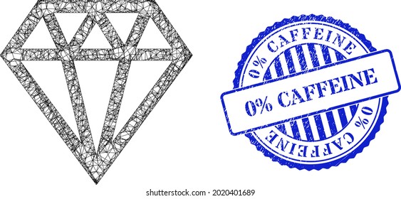 Vector net brilliant carcass, and 0 percents Caffeine blue rosette grunge seal. Crossed carcass network image based on brilliant pictogram, generated with crossed lines.