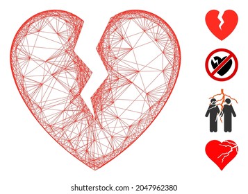 Vector net broken heart. Geometric wire carcass 2D net generated with broken heart icon, designed with intersected lines. Some similar icons are added.