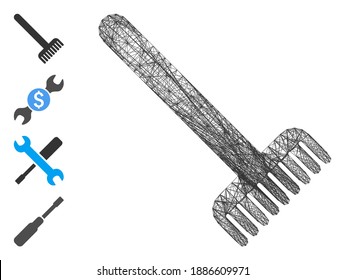 Vector net broom. Geometric hatched carcass flat net generated with broom icon, designed with intersected lines. Some bonus icons are added.