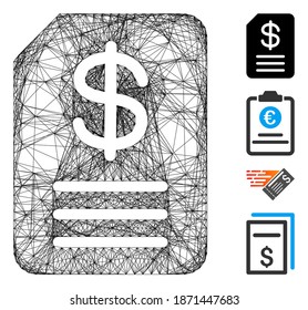 Vector net budget invoice. Geometric linear carcass 2D net generated with budget invoice icon, designed with intersected lines. Some bonus icons are added.