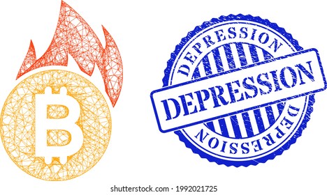 Vector net burn bitcoin carcass, and Depression blue rosette textured seal. Wire carcass network symbol created from burn bitcoin pictogram, created from intersected lines.
